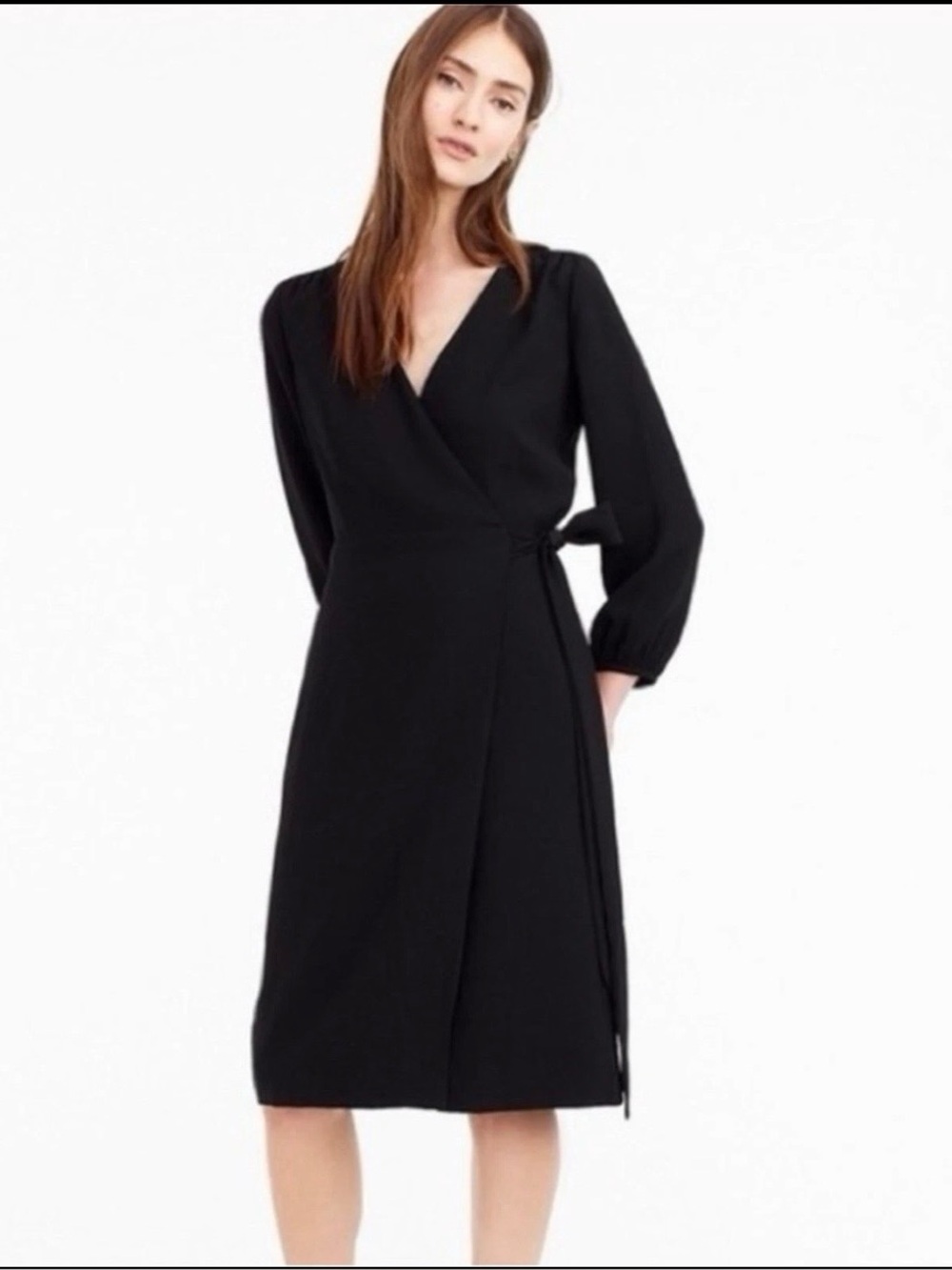 J CREW Crepe Black Wrap Dress 3/4 Sleeves Size 4 Midi Career Work Office